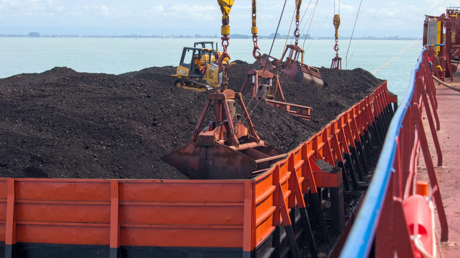 Coal stockpile and ship loader at an export terminal in South Kalimantan, with a bulk carrier alongside