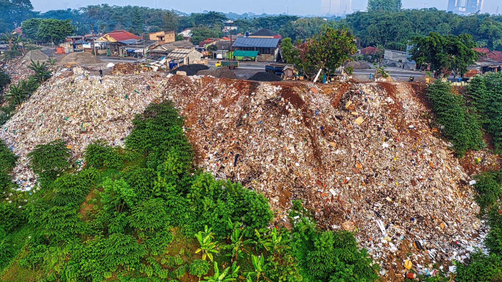A split panel graphic showing a recycling plant, a waste to energy facility, and a government meeting room in Indonesia